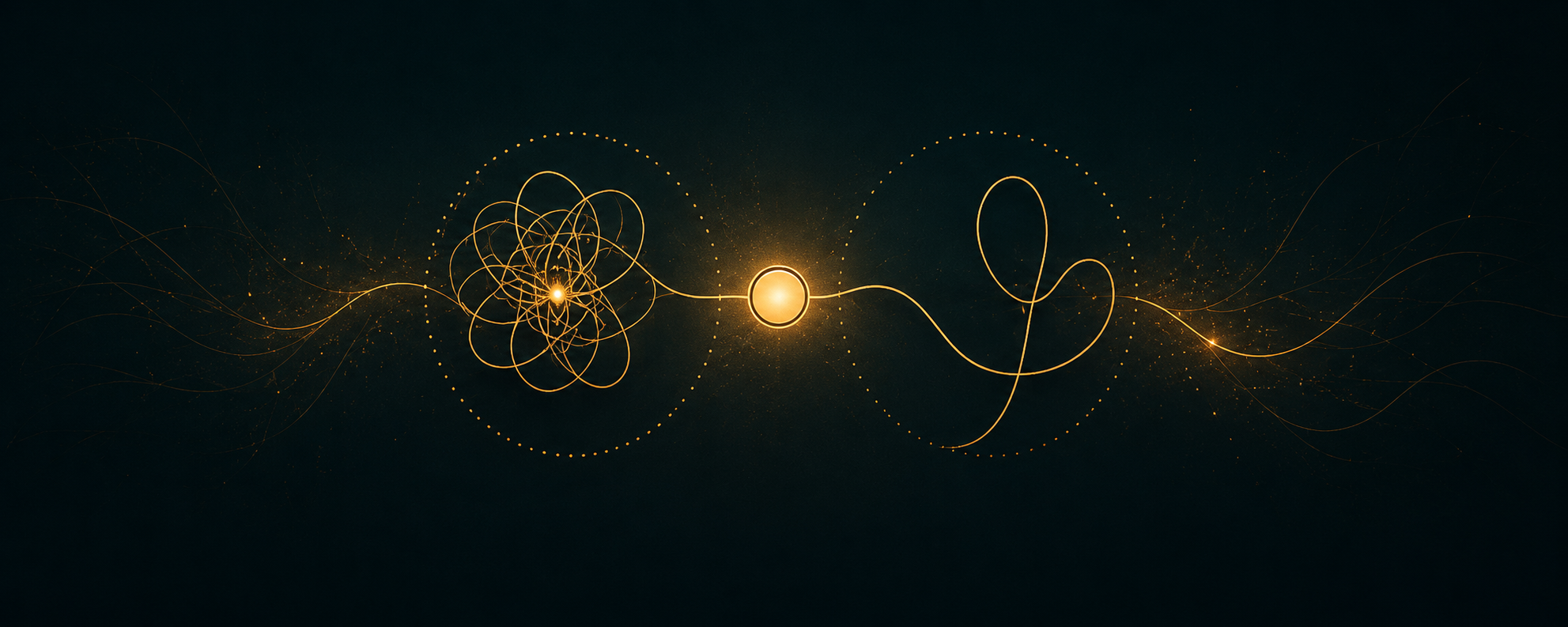 Tangled gold threads resolving into a single point of light